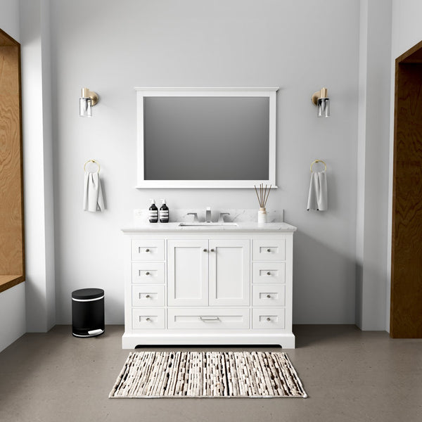 English Elm White Single Bath Vanity 48 in. W x 22 in. D with Carrara Marble Top, Solid Wood, Soft-Close Drawers B2731P258204