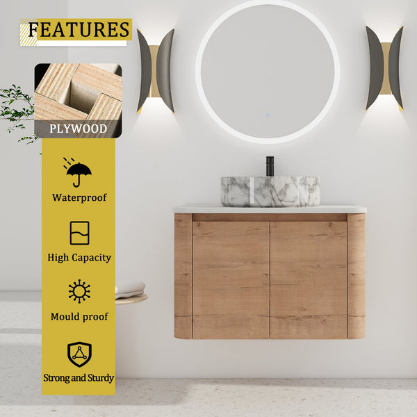English Elm 30'' Wall-Mounted Bathroom Vanity With Elegant Ceramic Art Sink, Soft-Close Doors & Space-Saving Design W999S00390