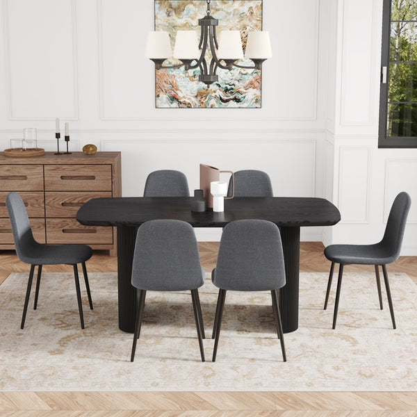 English Elm Table Set: Stylish 67" Black Wood Grain Mdf Dining Table With 6 Dark Gray Linen Chairs For Comfort W1151S04155-GIGA
