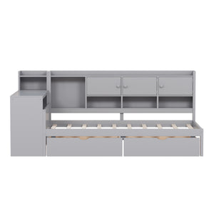 English Elm Twin L-Shape Daybed with Storage, 3 Cabinets & 2 Drawers, Built-In Desk Bookshelf, Gray Twin N733S247070E