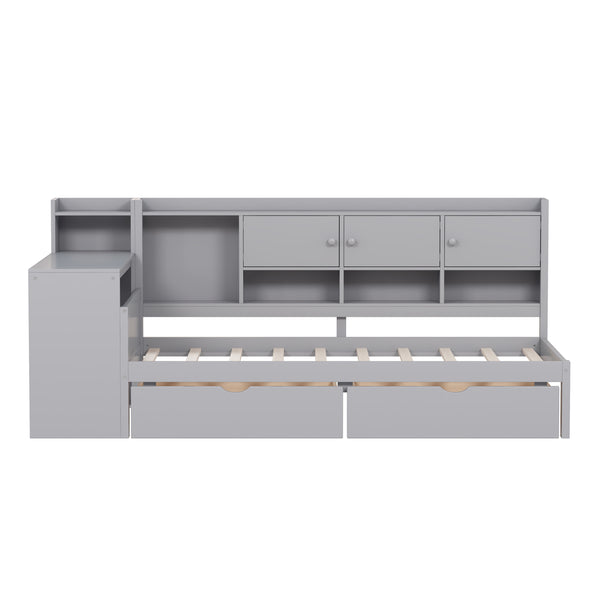 English Elm Twin L-Shape Daybed with Storage, 3 Cabinets & 2 Drawers, Built-In Desk Bookshelf, Gray Twin N733S247070E