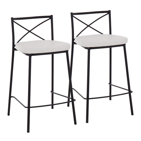 English Elm Modern Charlotte 25" Counter Stool Set of 2 — White Faux Leather, Black Metal Frame, X-Back Accent, 250lb B202P221785