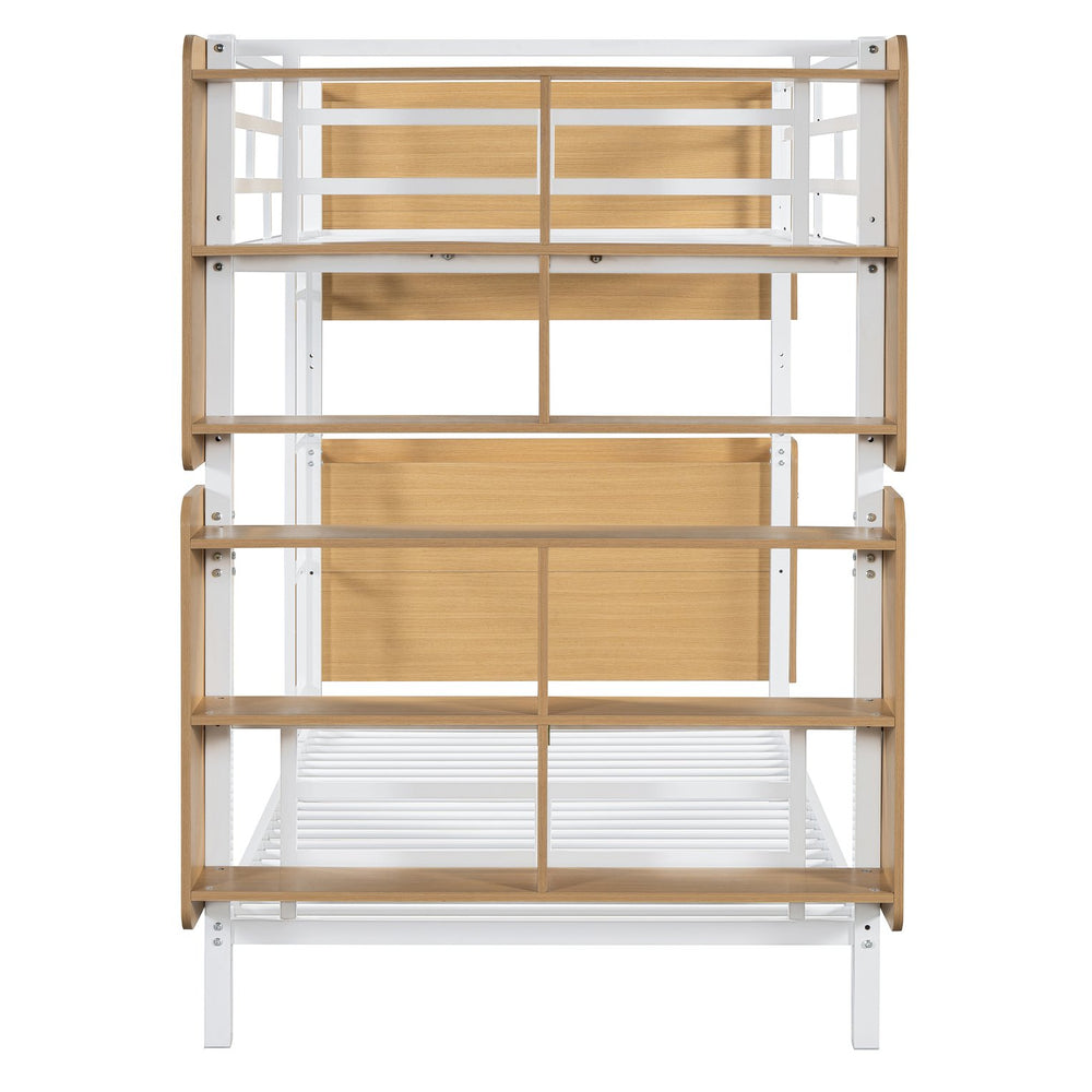 English Elm Twin Metal Bunk Bed with Built-In Headboard Storage and Footboard Shelves, Sturdy Space-Saving Design White SF000176AAK