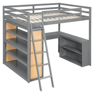 English Elm Full Size Loft Bed with Desk Shelves Writeable Board Pine Frame Gray Finish LT100226AAE-1