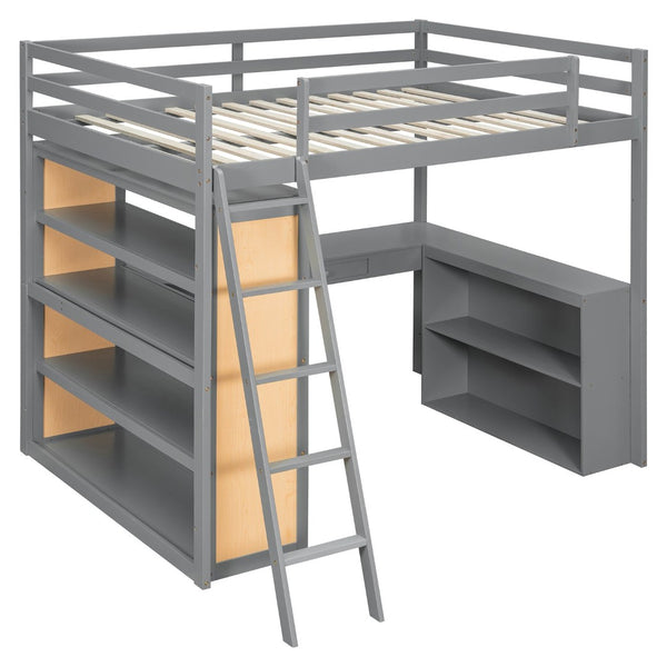 English Elm Full Size Loft Bed with Desk Shelves Writeable Board Pine Frame Gray Finish LT100226AAE-1