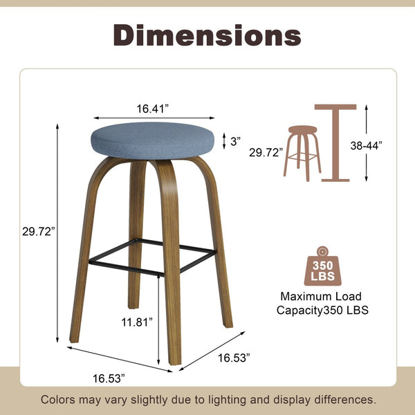 English Elm Swivel Backless Counter Stools Set of 2 with Fabric Seat Bentwood Legs Mid-century Modern Blue W3107P446559