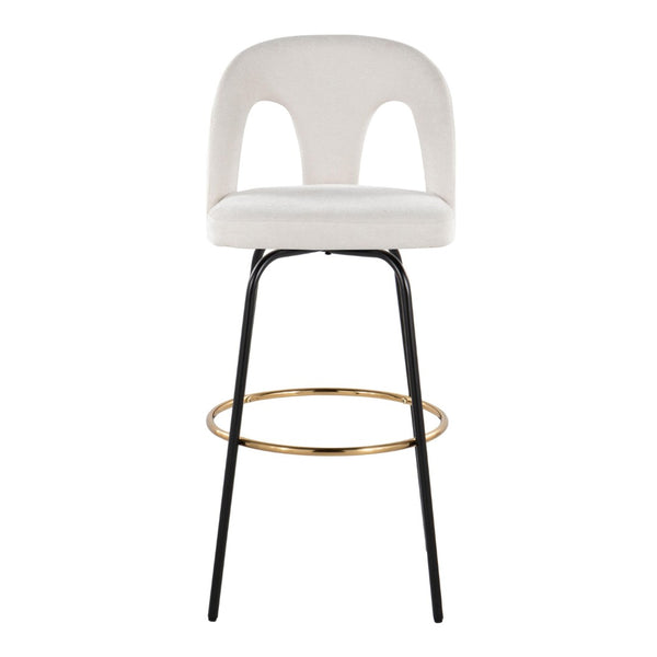 English Elm Fixed-height Swivel Barstools with Gold Footrest Black Frame White Upholstery Set B202S01873