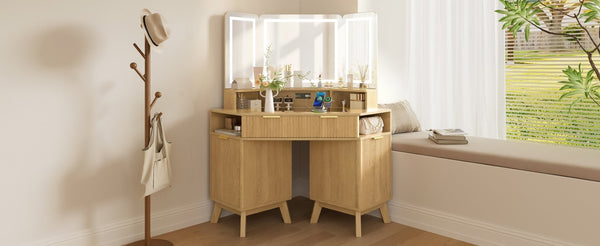 English Elm 47.2" Corner Lighted Makeup Vanity with Fluted Panel Tri-fold Mirror and Charging Station Oak N704P392485N