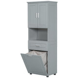 English Elm Tall Bathroom Cabinet With Laundry Basket, Large Storage Space Tilt-Out Laundry Hamper and Upper Storage Cabinet, Grey