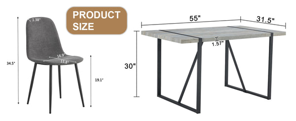 English Elm Table Set - Retro Minimalist Rectangular Dining Table With 6 Soft Chairs, Textured Top & Metal Legs W1151S03837-GIGA