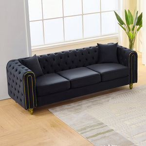 English Elm 86" Chesterfield Velvet Three Seat Sofa Button Tufted Rolled Arms Gold Legs Living Room Black W3373S00078