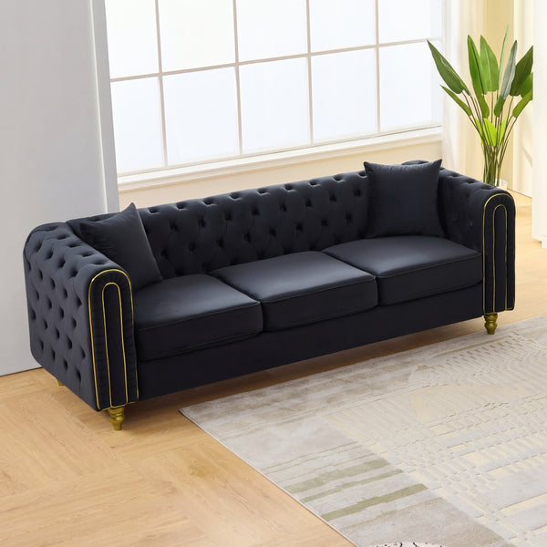 English Elm 86" Chesterfield Velvet Three Seat Sofa Button Tufted Rolled Arms Gold Legs Living Room Black W3373S00078