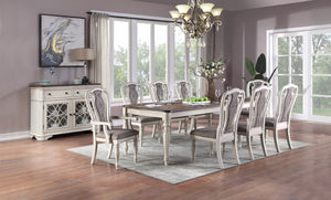 English Elm Transitional 9 Piece Oak Veneer Dining Set with Carved Chairs and Antique White Frame B011S01230