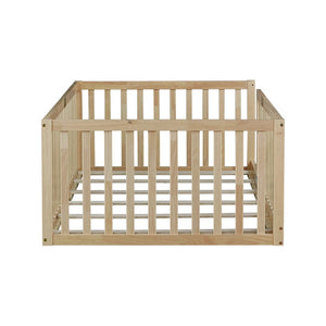 English Elm Twin House Frame Floor Bed Rubberwood with Roof Canopy and Safety Rails for Kids Natural W504P429531