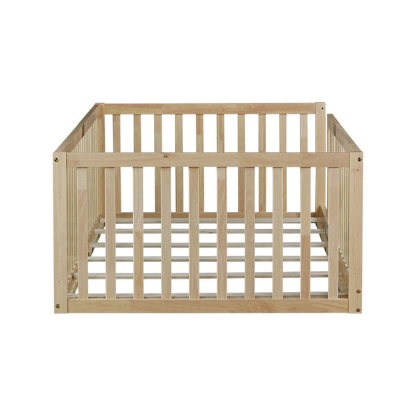 English Elm Twin House Frame Floor Bed Rubberwood with Roof Canopy and Safety Rails for Kids Natural W504P429531