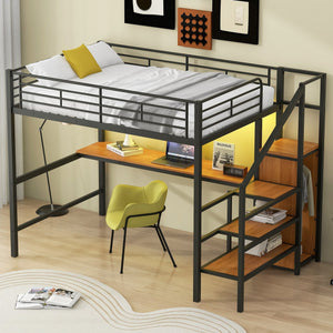 English Elm Full Size Metal Loft Bed With Desk, Storage Steps, Wardrobe, Led Light - Perfect For Small Spaces! GX000620AAB-1