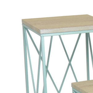 English Elm Mito Three Piece Nesting Plant Stand Set with X Cross Metal Base and Wood Tops Blue+Brown B056P416915