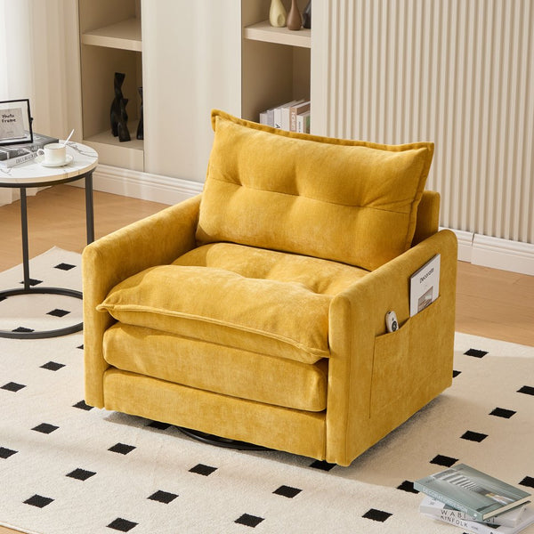 English Elm UNITED Swivel Barrel Chair with Chenille Upholstery, 360° Smooth Rotation, Padded Arm Comfort and Side Pockets for Living Room Relaxation Mustard yellow W1568P290085