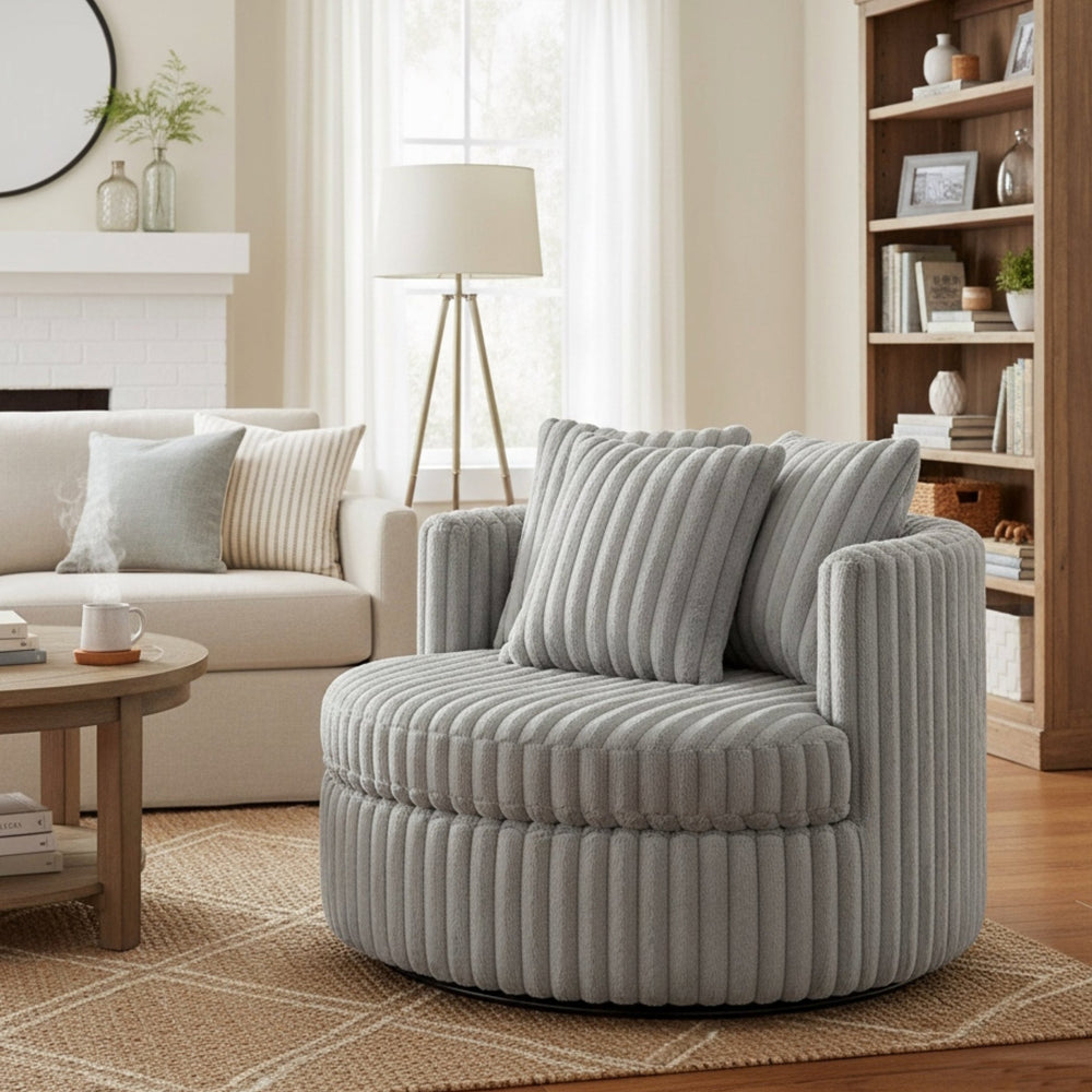 English Elm Mindy Ultra Plush Oversized Swivel Barrel Chair in Grey — Wide-Wale Cord Fabric, Fully Assembled Comfort B050P390589