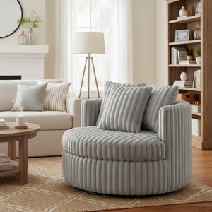 English Elm Mindy Ultra Plush Oversized Swivel Barrel Chair in Grey — Wide-Wale Cord Fabric, Fully Assembled Comfort B050P390589