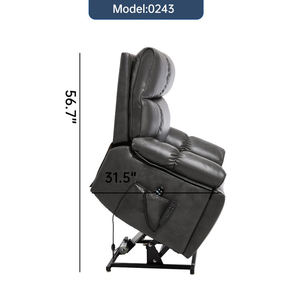 English Elm Dark Grey Leatheraire Power Lift Recliner Dual Motor Massage Heat Heavy Duty W1803P340317