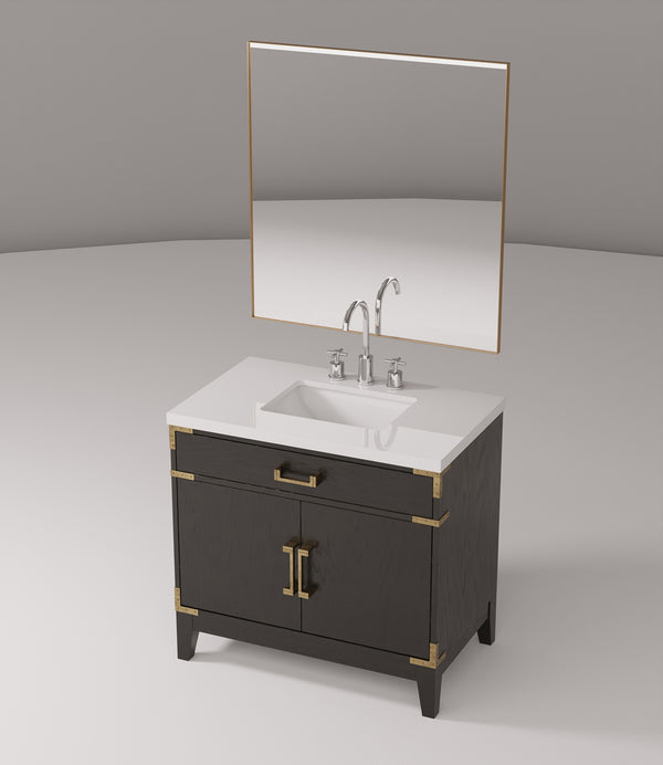 English Elm Black Oak Single Bath Vanity Set With White Quartz Top, 34" Mirror & Chrome Faucet For Stylish Storage B2731S02220