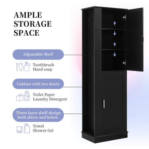 English Elm Tall Bathroom Storage Cabinet - Freestanding With Adjustable Shelves, Hooks & Modern Black Design N725P241834B-GIGA