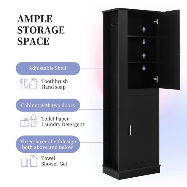 English Elm Tall Bathroom Storage Cabinet - Freestanding With Adjustable Shelves, Hooks & Modern Black Design N725P241834B-GIGA
