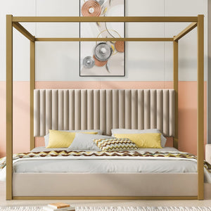 English Elm King Velvet Upholstered Four Poster Canopy Bed White Modern Bedroom Frame N7090002405A
