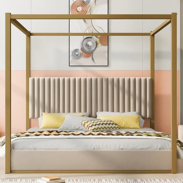 English Elm King Velvet Upholstered Four Poster Canopy Bed White Modern Bedroom Frame N7090002405A
