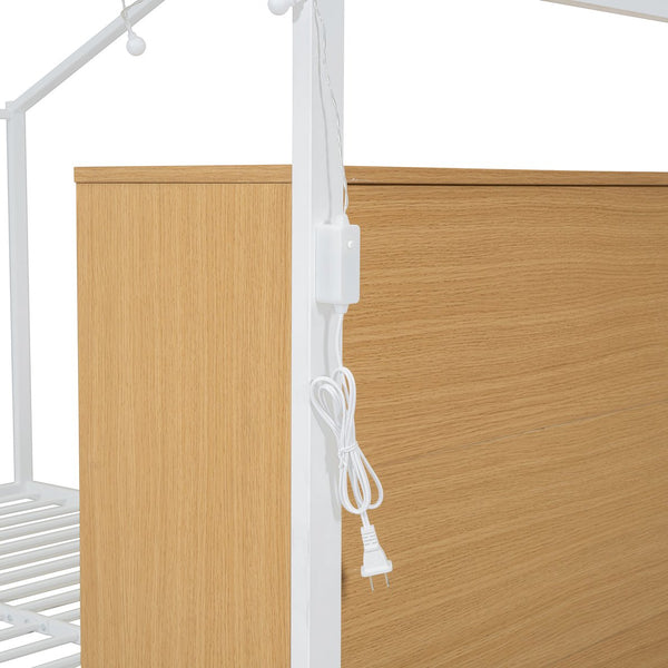 English Elm Full House Bed Frame with Shelves & LED Lights — Metal + Wood Full-Size Playhouse Bed for Kids Room Decor White N737P176706K