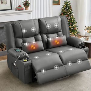English Elm Recliner Loveseat with Massage Heat Pu Leather Dual Seating and Usb Charging Ports Grey W1521S00081