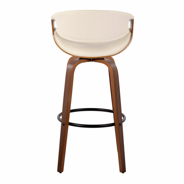English Elm Symphony Mid-Century Barstool Pair with 360° Swivel, Tufted Faux Leather & Walnut Legs, Footrest Cream B202S00647