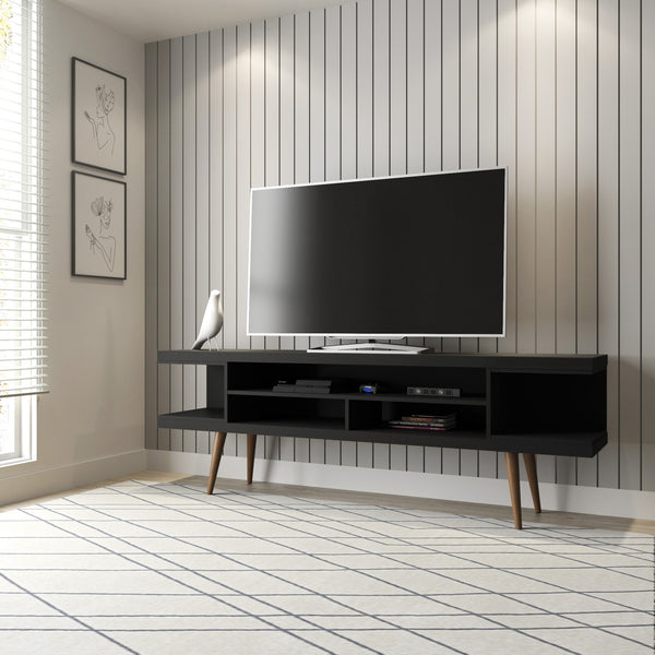 English Elm Utopia 70" TV Stand with Ample Storage and Wire Management, Sleek Mid-Century Legs for Durability Black B365P398374