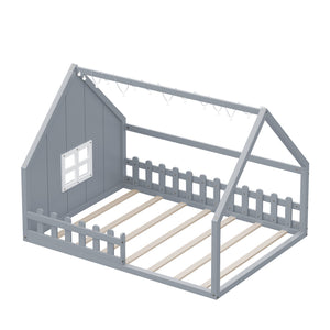 English Elm Full House Bed Frame with Window & Fence Playhouse Design, Sturdy Pine/MDF, Safe 400lb Capacity Gray N709P215545E