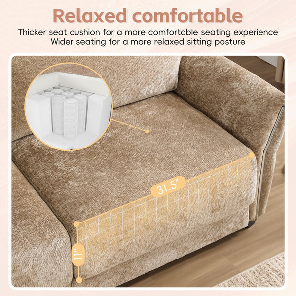 English Elm 110" Modular Sectional Sofa with Extra-Wide Chenille Seats, USB & Type-C Charging Ports, Ottoman, High-Density Foam Comfort khaki N723S7038D