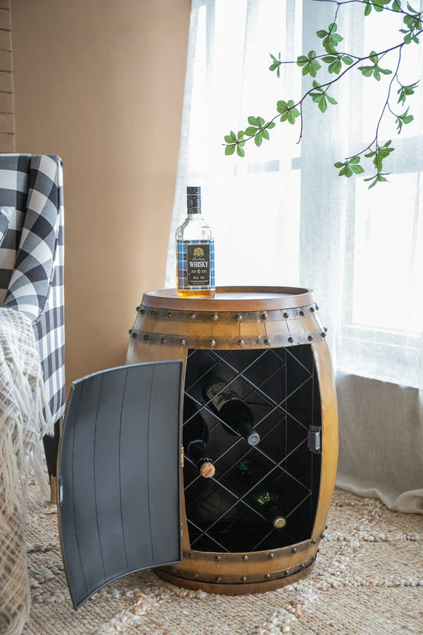 English Elm 20.5x20.5x24" Rustic Napa Wine Barrel Side Table with Hidden Interior Wine Rack, Wood & Iron Bands W2078P324202