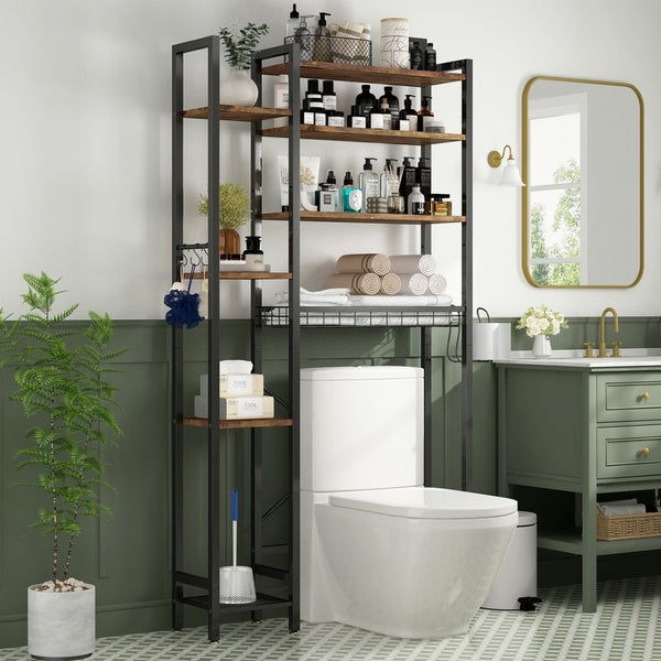 English Elm 8-tier Freestanding Over Toilet Organizer with Side Racks and Drain Basket Vintage Brown W2641P418457