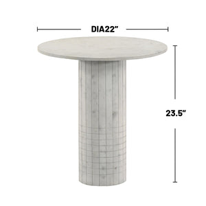 English Elm Round White Marble End Table with Fluted Cylindrical Base, Neoclassical Grid Texture Accent Piece B016S00038