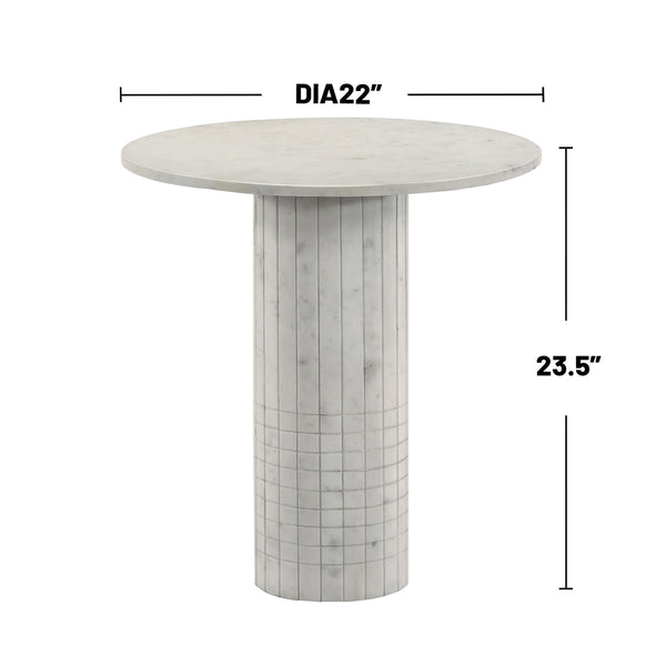 English Elm Round White Marble End Table with Fluted Cylindrical Base, Neoclassical Grid Texture Accent Piece B016S00038