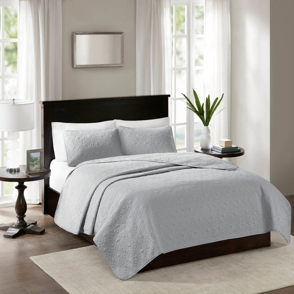 JLA Home Madison Park - 3 Reversible Quilt Set with Textured Stitching, Breathable Prewashed Cotton Fill, Antimicrobial Protection, Machine Washable Grey MP13-1370