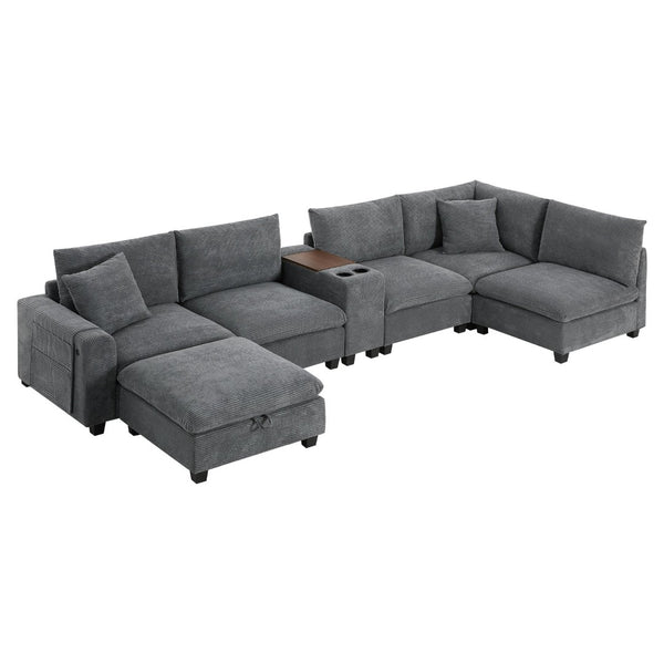 English Elm 139'' U-shaped Corduroy Sectional with Ottoman Console Usb Port and Cup Holders for Living Gray N723S1166E