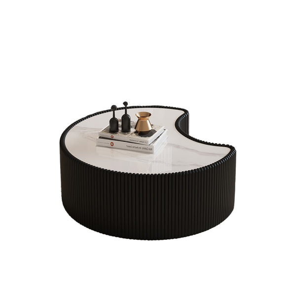English Elm Light Sintered Stone Organic Sculptural Coffee Table with Leather Base for Living Room Black W3081P411157