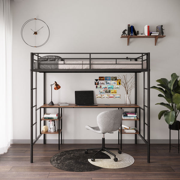 English Elm Twin-size Loft Bed with Built-In Table & Shelves, Heavy-Duty Metal, Noise-Reducing EVA, Safe Guardrail W42752472