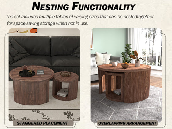 English Elm Round Nesting Coffee Tables Natural Wood Grain Scandinavian Set for Living Room W1727S00092