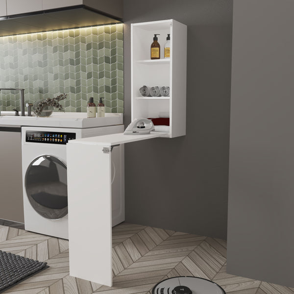 English Elm Rincon Valley Folding Table with Storage — Wall-Mounted White Space-Saving Shelf, Laundry & Craft Station B128P287524