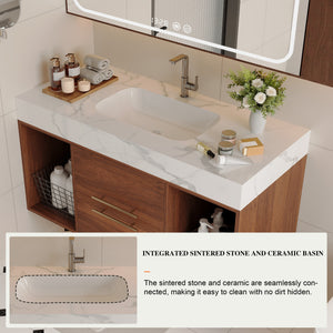 English Elm 39.4'' Floating Bathroom Vanity with Ceramic Sink and Sintered Stone Top, Wall-Mount Modern Design White+Walnut W3136S00020