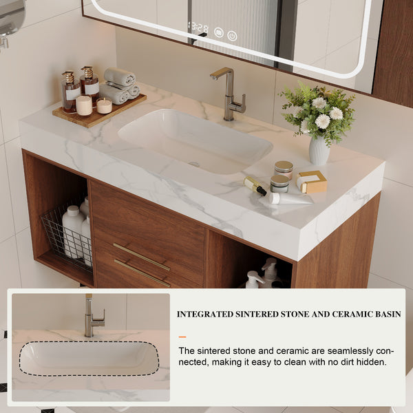 English Elm 39.4'' Floating Bathroom Vanity with Ceramic Sink and Sintered Stone Top, Wall-Mount Modern Design White+Walnut W3136S00020