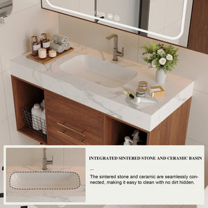 English Elm 39.4 Inch Floating Bathroom Vanity Sintered Stone Top Solid Wood 2 Soft Close Drawers W3136S00034