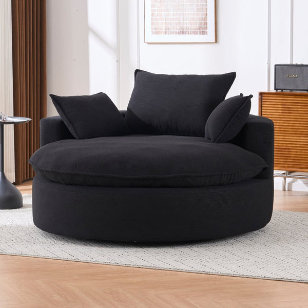 English Elm 360 Swivel Corduroy Barrel Lounge Chair with Pillows for Living Room or Bedroom Black W1752P410945